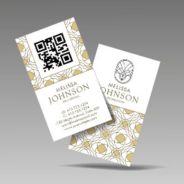 Cartão De Visita Código QR Dourado Vertical Arte Deco Moderno