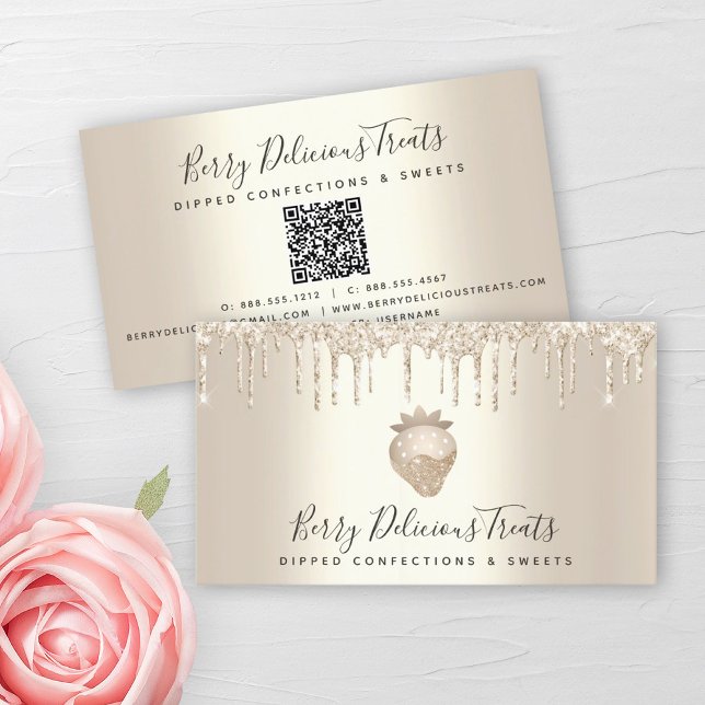 Cartão De Visita Código QR Drips Dourados Strawberry Confection Des (Criador carregado)