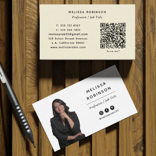 Cartão De Visita Código QR e Foto Personalizada Amarelo Creme Moder