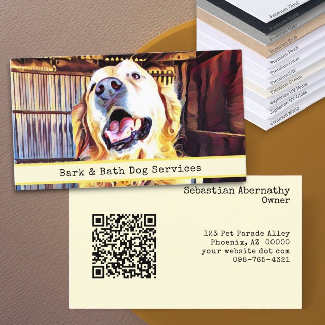 Cartão De Visita Código QR e Fotografia de Cão Substituível Persona (business card template front and back with QR code)