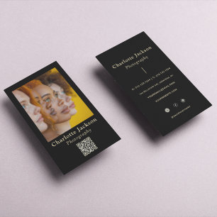 Cartão De Visita Código Qr e Fotografia L do Script Preto e Dourado