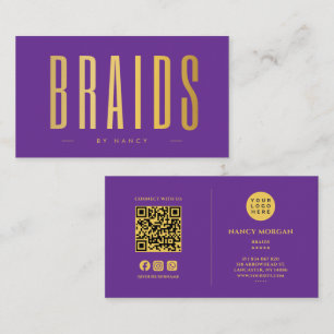 Cartão De Visita Código QR e Logotipo de Tranças Roxo e Dourado