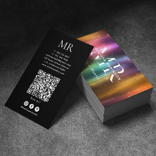 Cartão De Visita Código QR e Monograma Colorido com Brilho Metálico