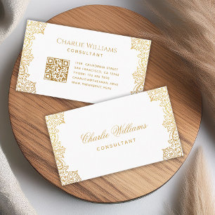 Cartão De Visita Código QR Elegante Dourado Branco Vintage com Font