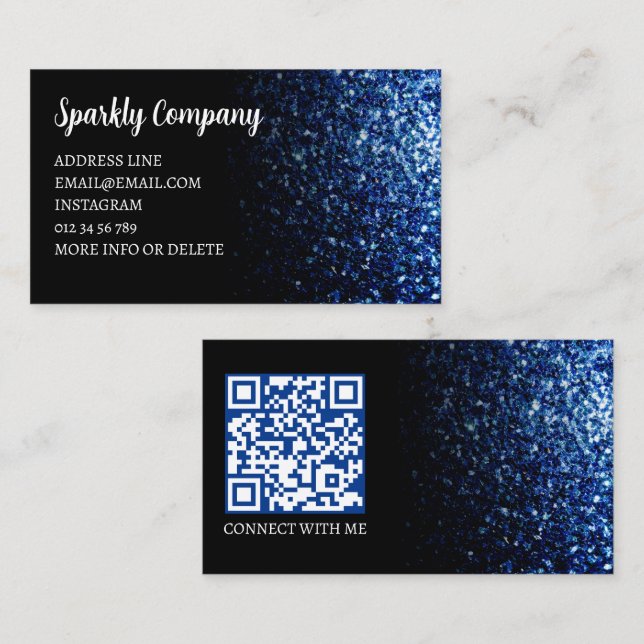 Cartão De Visita Código QR elegante preto esparso azul escuro (Frente/Verso)