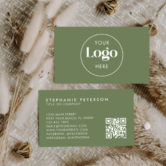 Cartão De Visita Código QR Elegante Verde Oliva Logotipo de Empresa
