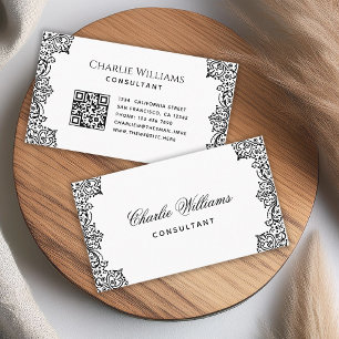 Cartão De Visita Código QR Elegante Vintage Preto Branco Roteiro An