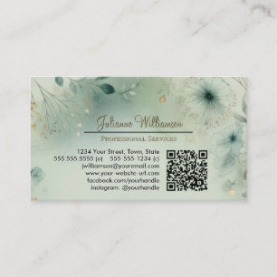 Cartão De Visita Código QR em Aquarela Verde Sálvia e Dourado Sonha
