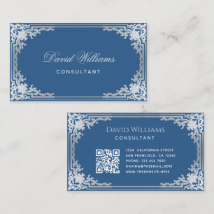 Cartão De Visita Código QR em Moldura Clássica Azul Elegante Vintag