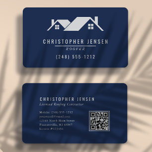 Cartão De Visita Código QR Empresa de Telhados Azul Marinho Cinza A
