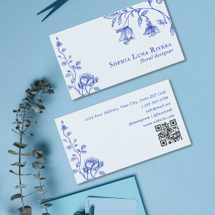 Cartão De Visita Código QR Flor de Rosa Floral Vintage Azul Empoeir