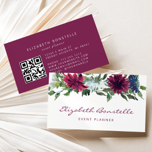 Cartão De Visita Código QR Floral Aquarela Azul Marinho Borgonha