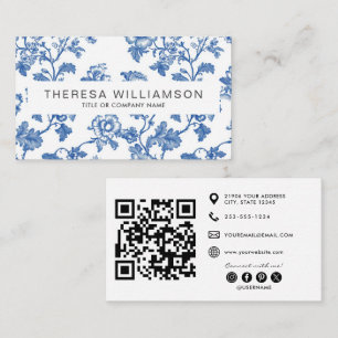 Cartão De Visita Código QR Floral Azul Elegante Toile