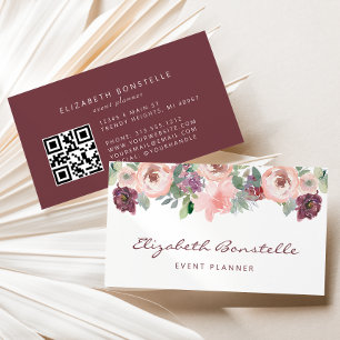 Cartão De Visita Código QR Floral de Aquarela Rosa Bege Borgonha