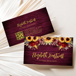 Cartão De Visita Código QR Floral de Girassol em Madeira Burgundy R