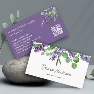 Cartão De Visita Código QR Floral de Lavanda Rústica Eucalipto