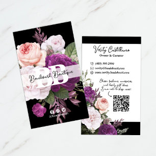 Cartão De Visita Código QR Floral de Rosa de Imagem a Preto e Branc