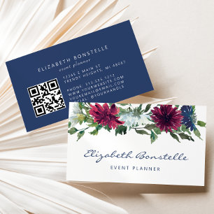 Cartão De Visita Código QR Floral em Aquarela Azul Marinho Burgundy