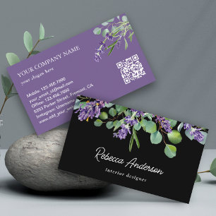 Cartão De Visita Código QR Floral Lavanda Rústica Eucalipto Preto