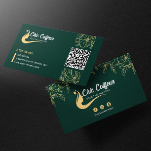 Cartão De Visita Código QR Floral Verde Chic Dourado de Cabeleireir
