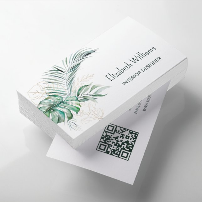Cartão De Visita Código QR | Folhas tropicais de aquarela (Criador carregado)