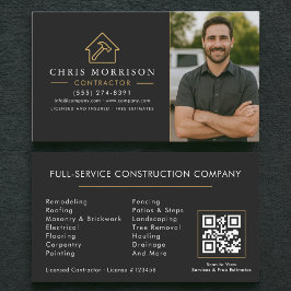 Cartão De Visita Código QR Foto Construção Edifício Preto Dourado