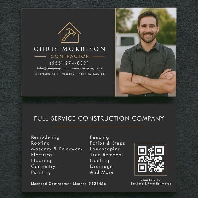Cartão De Visita Código QR Foto Construção Edifício Preto Dourado (Criador carregado)