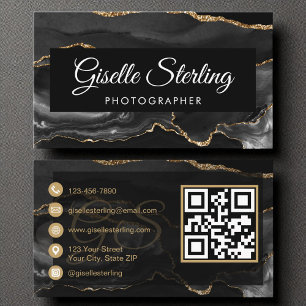 Cartão De Visita Código QR Fotógrafo Dourado Agate Luxo Preto