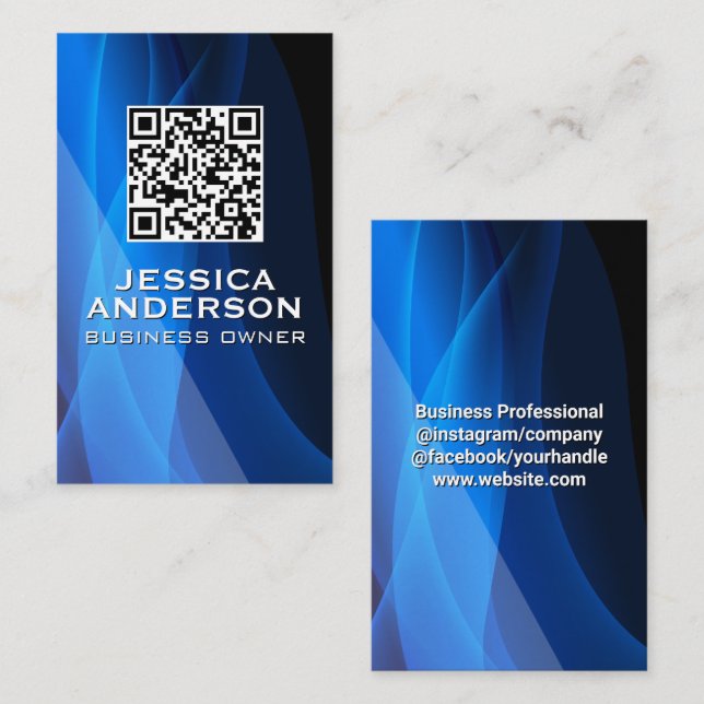 Cartão De Visita Código QR | Fundo Abstrato azul (Frente/Verso)