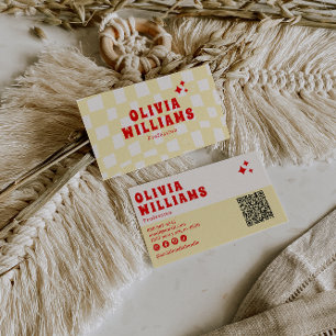 Cartão De Visita Código QR Funky com Groovy Amarelo Retroativo Veri