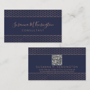 Cartão De Visita Código QR Geométrico Azul Marinho de Folha Rosa 