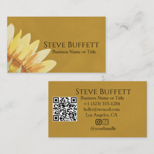 Cartão De Visita Código QR Girassol Amarelo aquarela