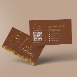 Cartão De Visita Código QR Glamouroso Dourado e Marrom para Técnico
