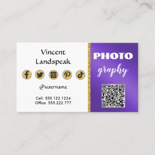 Cartão De Visita Código QR Glitter Dourado Metálico Roxo para Fotog