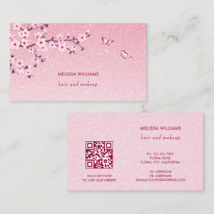 Cartão De Visita Código QR Glitter Flor de Cerejeira Rosa