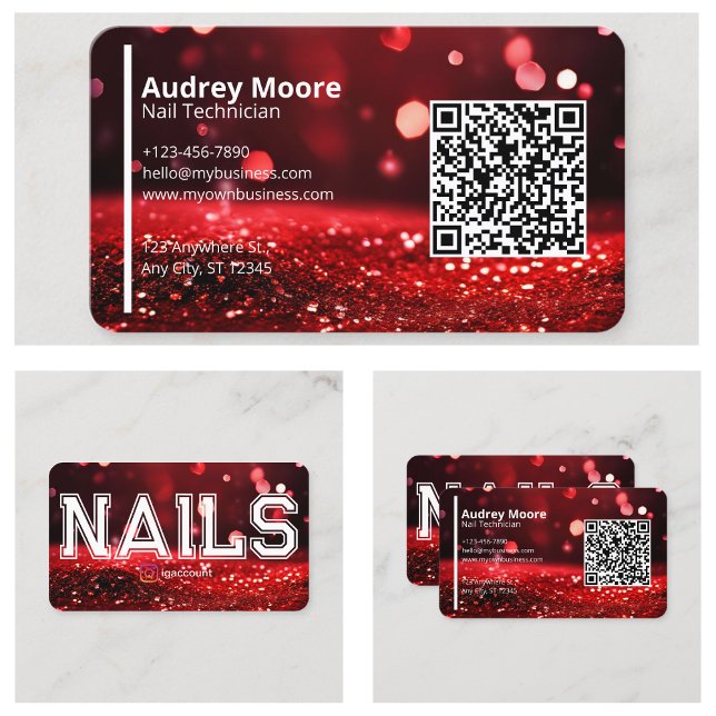 Cartão De Visita Código QR Glitter Vermelho Moderno Técnico de Unha (QR Code Modern Red Glitter Professional Nail Tech Business Card
)