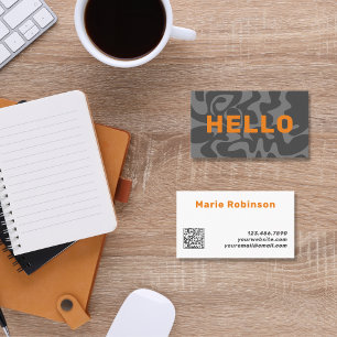 Cartão De Visita Código QR Groovy Orange Cinza Retro Squiggles