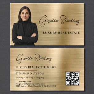 Cartão De Visita Código QR Imobiliário Faux Dourado Metálico