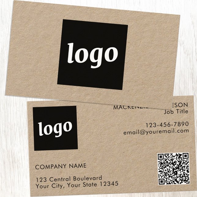 Cartão De Visita Código QR Kraft Simples de Logo e Texto (Logo with QR code and custom text Kraft business cards)