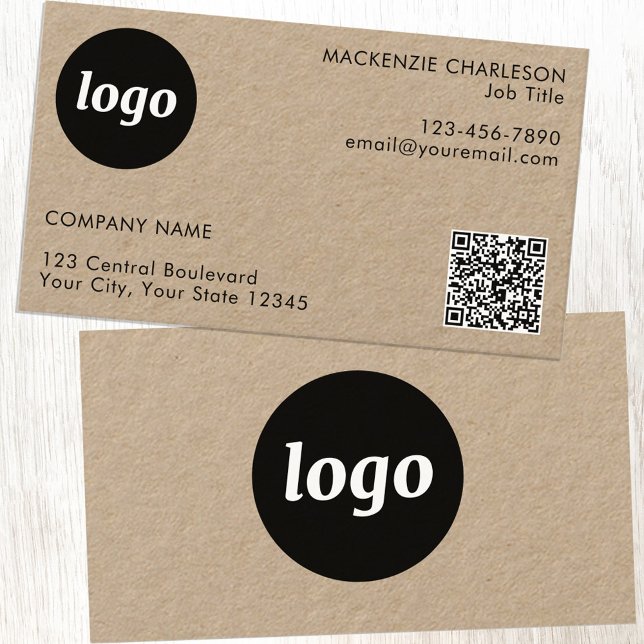 Cartão De Visita Código QR Kraft Simples de Logo e Texto (Logo with QR code custom text Kraft business cards)
