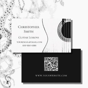 Cartão De Visita Código QR Lições de Violão Branco Preto Musical