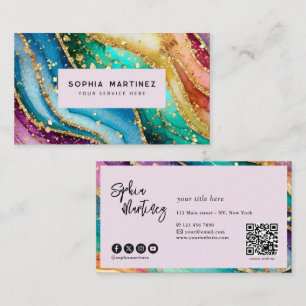 Cartão De Visita Código QR & Logo Elegante Arranjo Ágata dourado Br