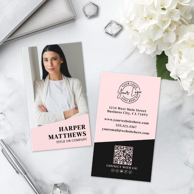 Cartão De Visita Código QR Logo Rosa Bege (Logo QR Code Blush Pink Business Card)