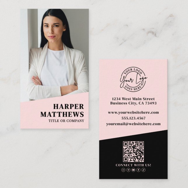 Cartão De Visita Código QR Logo Rosa Bege (Frente/Verso)