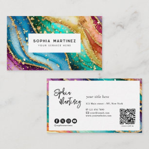 Cartão De Visita Código QR & Logotipo Elegante Arranjo Agata dourad