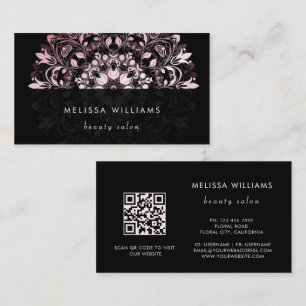 Cartão De Visita Código QR Mandala Floral Rosa Brilhante Preto