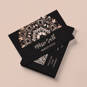 Cartão De Visita Código QR   Mandala Floral Rose Gold Preto