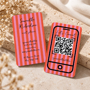 Cartão De Visita Código QR Manuscrito Listras Groovy Cereja Rosa
