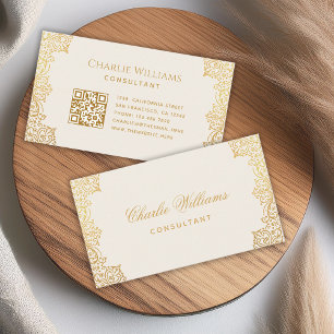 Cartão De Visita Código QR Marfim Dourado Vintage Elegante Antiquad
