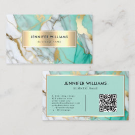 Cartão De Visita Código QR Mármore Verde Dourado Elegante Moderno